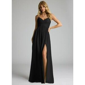 Azazie Alia Dress Size 4 Black A-Line Pleated Chiffon Maxi Slit Sweetheart Bride